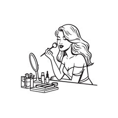 Black and white line art of a beautiful woman doing makeup at dressing table with mirror illustration