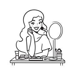 Black and white line art of a beautiful woman doing makeup at dressing table with mirror illustration