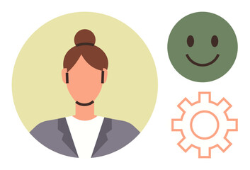 Female agent wearing headset representing communication, happy face symbolizing positivity, and gear for functionality. Ideal for customer service, teamwork, productivity, technology
