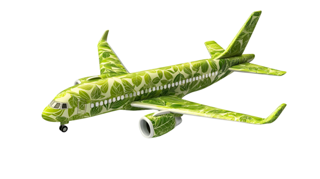 Green airplane with floral pattern isolated on transparent background