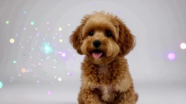 Adorable fluffy poodle puppy sitting and panting happily with colorful bokeh lights floating around