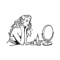 Black and white line art of a beautiful woman doing makeup at dressing table with mirror illustration