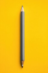 A vertically oriented, dark gray pencil with sharpened points sits centrally on a vibrant yellow background.  Clean, minimalist aesthetic