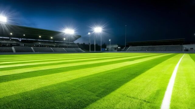 Brightly lit sports field ready for evening match with pristine grass and clear skies