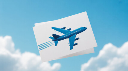 Illustration of a blue airplane flying in the sky with clouds, presented on white paper, creating a visually appealing and dynamic composition isolated on white background