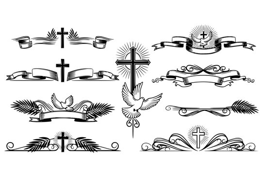 Funeral Ornamental Decorations Vector &ndash; Memorial Borders and Dividers with Cross, Dove, Ribbons, and Palm Leaves Design Elements