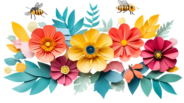 Colorful paper flowers and leaves arrangement isolated on transparent background