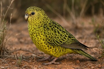 A rare and elusive Night Parrot (Pezoporus occidentalis), a nocturnal, ground-dwelling parrot, standing on arid ground in Australia.