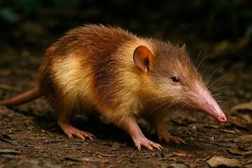 A rare Hispaniolan solenodon (Solenodon paradoxus), a venomous "living fossil" mammal, foraging in its natural forest habitat.