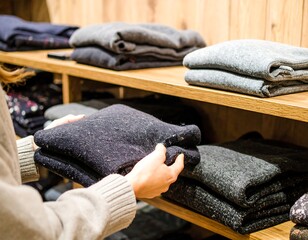 Woman browsing sweaters on shelves