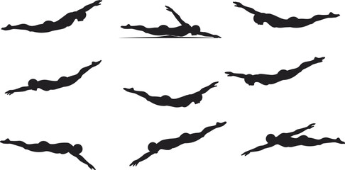 Swimmer, butterfly, stroke, silhouette, motion, athlete, black, vector, icon, water, technique, sport, pool, dynamic, performance, freestyle, training, posture, aquatic, movement