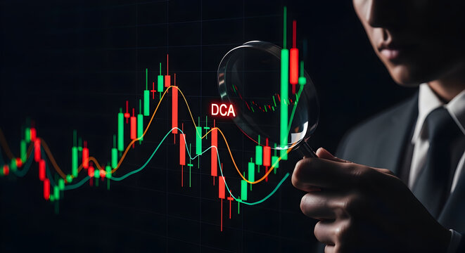 Analyst examines stock market trends with magnifying glass, focus on DCA strategy
