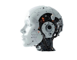 Profile view of a white robotic head, showcasing intricate internal mechanisms