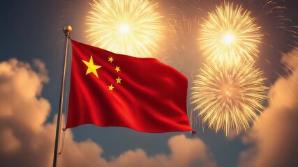 China Flag Waving Fireworks Celebration National Day.