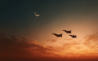 Fototapeta premium Fighter jets flying with Pakistan national flag motif at sunset, military aviation strength, defense and patriotic air force security power concept 
