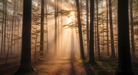 Sun rays shining through trees in a misty forest during the autumn season