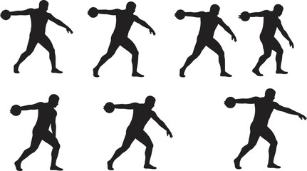 Discus, throw, athlete, silhouette, motion, sport, black, vector, icon, posture, rotation, dynamic, Olympic, training, strength, technique, action, performance, fitness, competition
