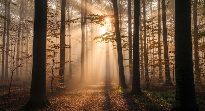Sun rays shining through trees in a misty forest during the autumn season