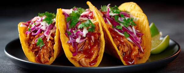 Juicy pulled pork with dripping bbq sauce concept. Delicious tacos filled with meat and fresh toppings on a plate.