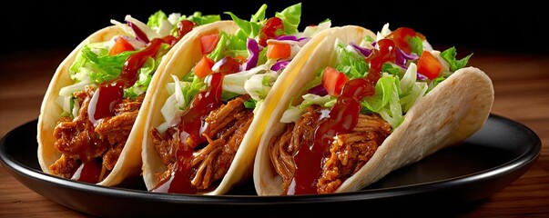 Juicy pulled pork with dripping bbq sauce concept. Delicious tacos filled with fresh ingredients and vibrant colors.