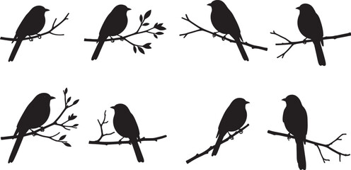 Bird, silhouette, perched, branch, twig, leaf, black, vector, icon, nature, wildlife, animal, tree, minimalist, flying, feather, forest, design, illustration, shape