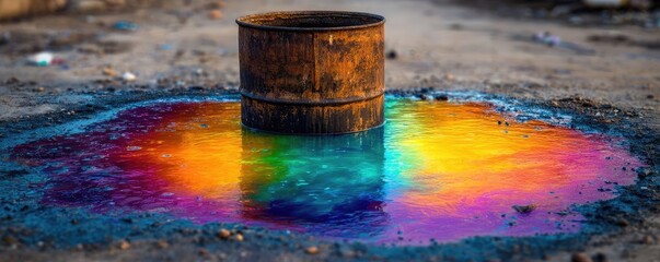 Reflective oil spill from crude barrel concept. Colorful oil slick creates a striking reflection on the ground.
