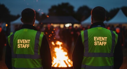 Event staff members standing near a bonfire at an outdoor gathering or festival
