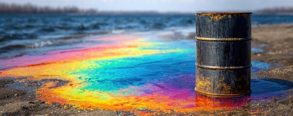 Reflective oil spill from crude barrel concept. Oil barrel leaking into water with rainbow colors reflecting.