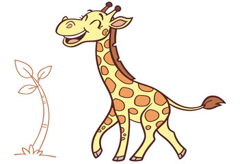 Cartoon Smiling Giraffe Walking with Tree on White Background Clip Art