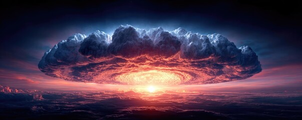 Nuclear explosion with stormy sky shock wave concept. Dramatic view of a colorful explosion under swirling clouds.