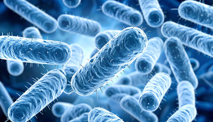 A detailed 3D scientific illustration of a colony of rod-shaped bacillus bacteria, representing the microscopic world of microorganisms and pathogens