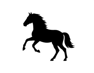 A simple, elegant silhouette of a horse in motion, displaying a dynamic and flowing form against a plain white background.