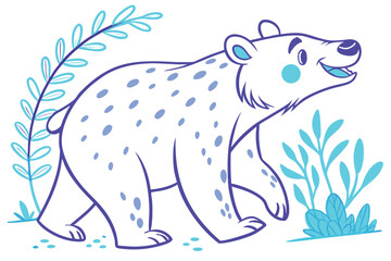 Cartoon Spotted Bear Walking, Cute Blue Accents, Forest Plants, Art, White Background