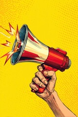 A hand grips a red megaphone emitting stylized sound waves against a vibrant yellow pop art background
