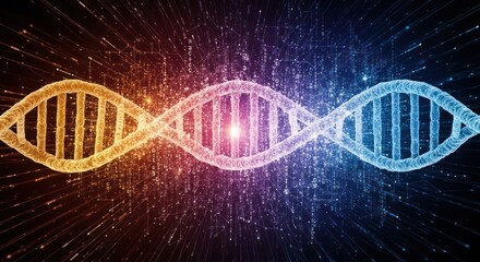 Two DNA strands against a colorful, digital background.