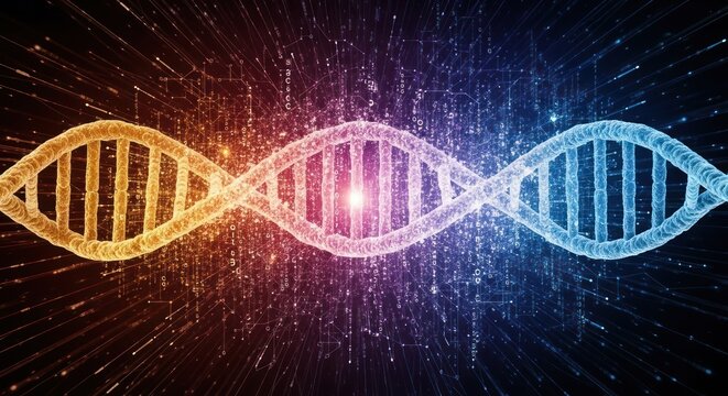 Two DNA strands against a colorful, digital background.