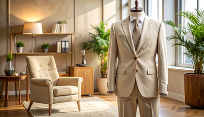 Elegant beige business suit displayed on a sophisticated mannequin, set within a modern, sunlit interior with chic decor, evoking professionalism and refined lifestyle