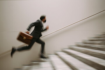 A man in business attire rushes up indoor office stairs with a briefcase, capturing a sense of speed, urgency, and hectic workday momentum.
