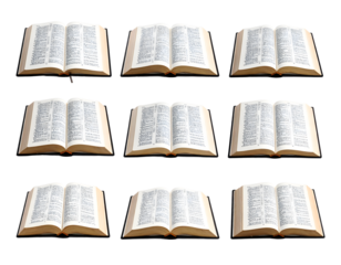 Spiritual insight unfolds through nine open Bibles, inviting reflection and contemplation on faith's profound wisdom and guidance for life's journey