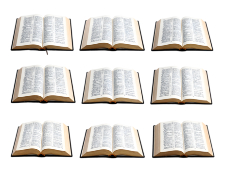 Spiritual insight unfolds through nine open Bibles, inviting reflection and contemplation on faith's profound wisdom and guidance for life's journey