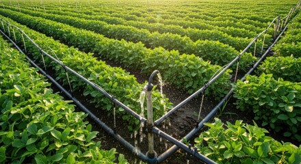 Soil and crops in a field with irrigation pipes and water flowing from a faucet.