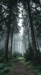 Fototapeta premium A misty forest path winds through tall, slender evergreen trees, their dark green needles shrouded in a thick fog, creating a mysterious and tranquil atmosphere. Low-lying vegetation lines the path