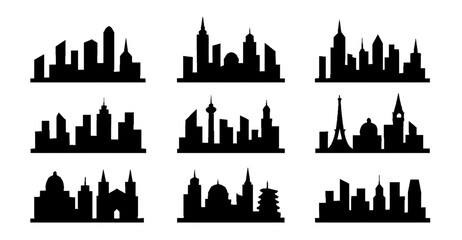 Obraz premium Black silhouette city skyline icons with landmark buildings 