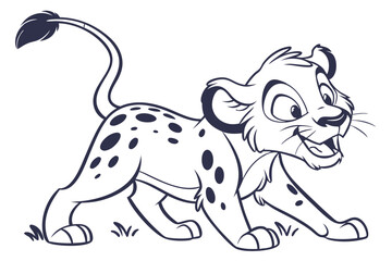 Cartoon Spotted Feline Cub Walking Happily, Outline Style with White Background,