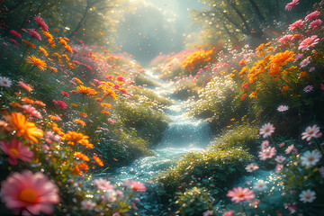 A magical, sun-drenched forest scene with a sparkling stream flowing through a vibrant meadow of wildflowers.