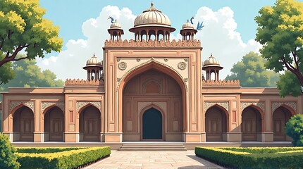 Obraz premium Mughal Style Building with Domes, Arches, and Decorative Peacocks
