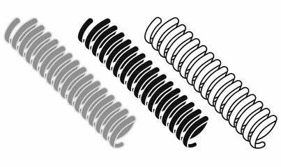 Metal spring vector icon set in outline and silhouette style. Industrial coil, mechanical spare part, tool symbol for engineering, automotive, physics, suspension design.