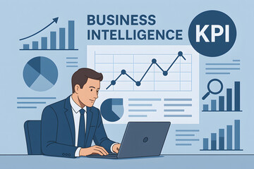 Business Intelligence and KPI: A professional analyses key performance indicators and business intelligence with data and charts in his laptop.