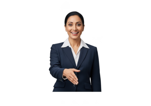 Professional indian businesswoman offering handshake, smiling, confident, leadership, meeting, agreement, success, deal isolated on transparent background - Powered by Adobe
