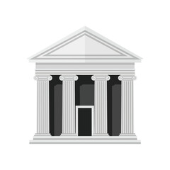 Flat vector icon of a classical bank building with three columns and triangular roof, isolated on white background